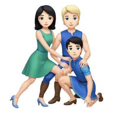 prince, upright, black Hair, blue eyes, blue garment,  Woman, blonde Hair, Green eyes, bending knee, sleveless White Dress, sticker