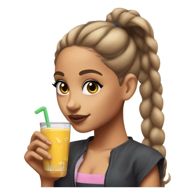 ariana grande with a high ponytail holding a glass of juice and a cookie  sticker
