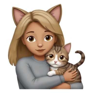 Une femme avec les cheveux dégradée, brun et blond, qui fait un câlin à son chat gris, tigré avec les extrémités que pattes pointe d’oreilles noires et le dessous du menton blanc sticker