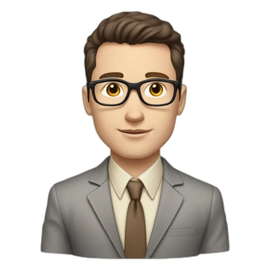 Pale skinned fit man with dark brown hair in gray jacket, beige office shirt, brown tie, brown pants and vintage glasses Writing on the marker board sticker