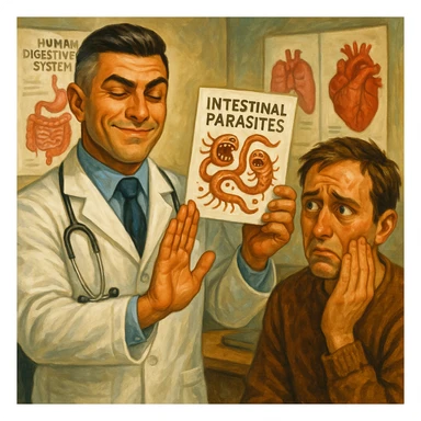 Create a semi-realistic or expressive style image of a male doctor inspired by the reference image, wearing a white coat. The doctor is ignoring a report with intestinal parasites, making a dismissive gesture. The patient has an anxious expression. The setting is a doctor's office with posters. The atmosphere is critical and ironic. sticker