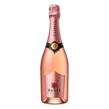 bottle of sparkling rosé champagne with a rose logo on the label, tilted up and to the left, no glass sticker