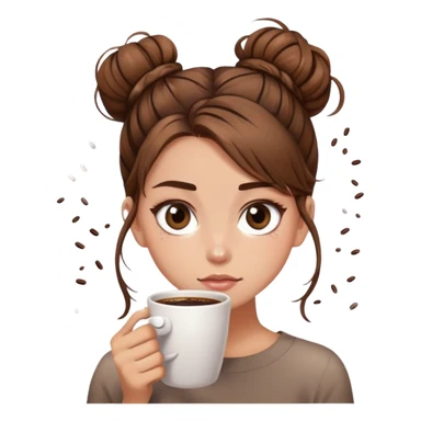 girl with long brown hair with messy bun, too much coffee, chaotic sparkle eyes sticker