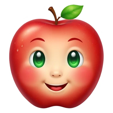 Cute Kawaii Apple, round and plump, bright shiny red with a tiny green leaf, chubby cheeks, sparkling eyes, a happy smile, soft glowing highlights, radiating fresh sweetness! sticker