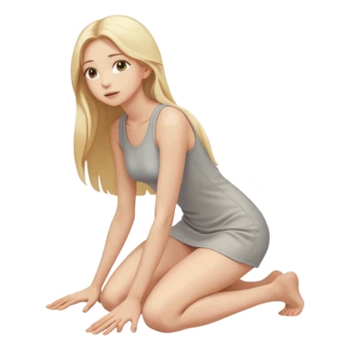 a young thin woman, kneeling on the floor, long hair, blonde, naked, looking up, blowjob ready, hand behind back sticker