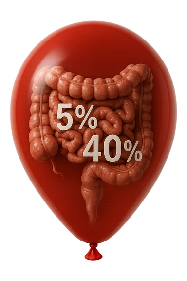 intestino umano anatomico chiuso in un palloncino rosso con la scritta 5% e 40% dentro insieme all'intestino, iperrealistico 4k sticker