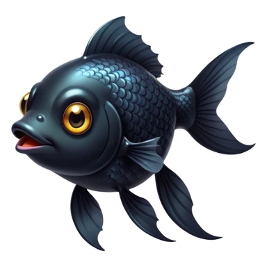 Cinematic Cute Black Goldfish Portrait Emoji, Head tilted playfully and inquisitively, featuring a glossy, deep black body with shimmering scales and round, sparkling golden eyes filled with curiosity, Simplified yet irresistibly adorable features, highly detailed, glowing with a warm, friendly glow, high shine, affectionate and lively, stylized with a touch of whimsy, bright and endearing, soft glowing outline, capturing the essence of a mischievous yet loving goldfish, so playful it feels like it could swim out of the screen and into your heart! sticker