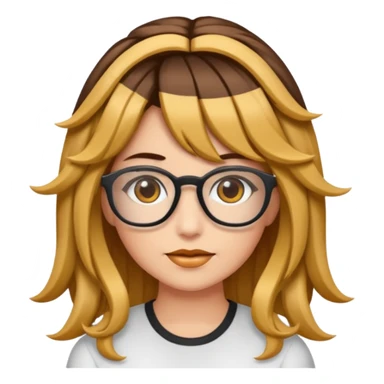 Uma garota de cabelos cacheados com mechas loiras, com pele morena clara e óculos sticker