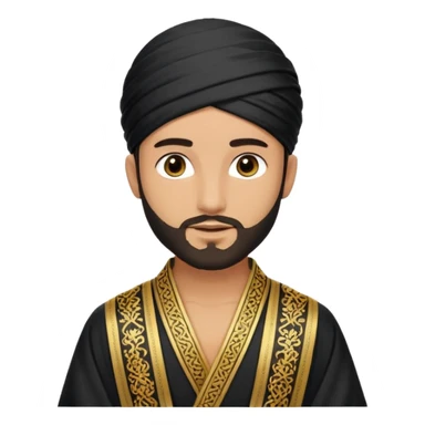 
-Apariencia: Joven de unos 25-30 años, atractivo,.
-Rostro: Ojos oscuros, piel ligeramente morena, rasgos árabes finos.
-Cabello: Negro, algo rizado o suelto, con barba fina.
-cuerpo entero Cuando se revela su identidad, puede llevar una túnica más oriental, con faja y turbante sencillo. sticker