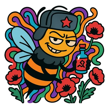cartoon bee with a Russian vibe, wearing a ushanka hat, looking mischievous with a sly grin, holding a tiny bottle labeled with a mysterious symbol, surrounded by psychedelic swirls and poppy flowers sticker