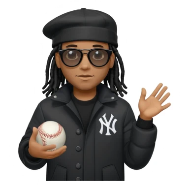 African American man with shoulder length black dreadlocks wearing black sunglasses with black bubble winter coat wearing a New York Yankees baseball hat with hands out sticker