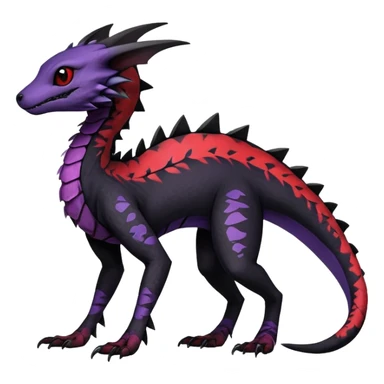 Rare realistic exotic edgy dark gothic gloomy spooky black and red/purple epic pretty beautiful handsome gorgeous aesthetic colorful vibrant Vernid-Trico-species-Fakemon-Salandit-hybrid-creature by LiLaiRa, 4 legs, 1 tail, random markings, (full body) sticker