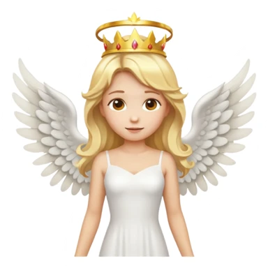 Emoji-style angel: blonde hair, golden flame crown, halo, large detailed wings, white dress, visible feminine body shape, cute smooth emoji look. sticker
