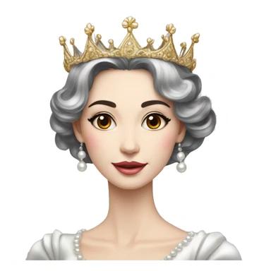 Regal pretty slender middle age woman photograph defined cheekbones high cheekbones crown vintage with very long iridescent black and silver hair wavy long hair pearl crown iridescent sticker