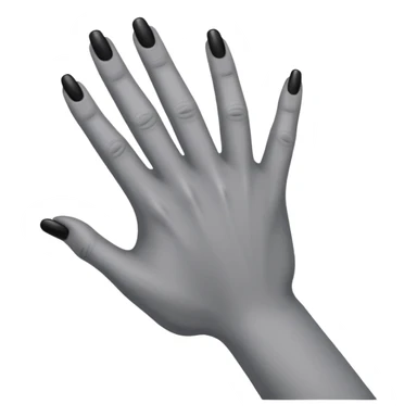 front angle view of a grey colored arm and 5-fingered hand reaching out, black finger nails behind sticker