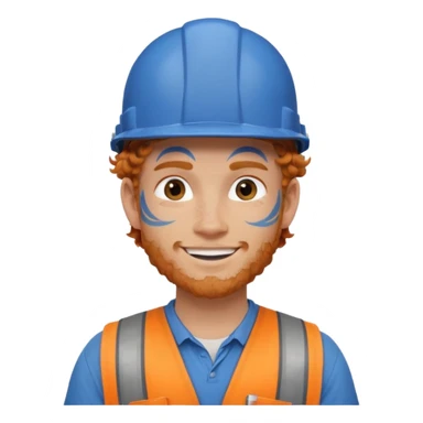 construction worker man ginger curly hair, blue helmet and face tattoo sticker