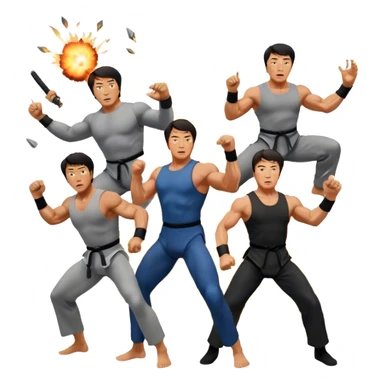 Collage of Arnold Schwarzenegger, Sylvester Stallone and Jackie Chan in intense action poses, surrounded by explosions, martial arts moves, weapons. The design should capture the high energy and heroism of classic action films. Transparent background. sticker