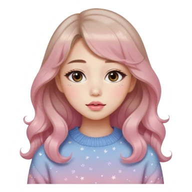 “korean Emoji girl, soft eyeliner, gradient rose lips, light brown shimmer eyeshadow, sparkly aegyo-sal, long wavy hair, cozy pastel sweater.” sticker