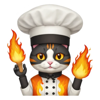 black chef cat wearing a tall white chef hat, burning hat sticker