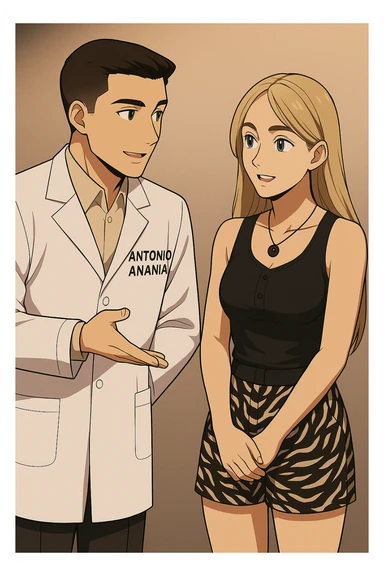 fai un webtoon/manga a colori con questo kinesiologo in camice bianco (fagli la scritta "ANTONIO ANANIA" SUL CAMICE) CHE PARLA CON QUESTA RAGAZZA CON GLI OCCHI AZZURRI. la ragazza gli fa una domanda e IL KINESIOLOGO CON IL CAMICE BIANCO LE risponde. NON FARE I FUMETTI, FAI SOLO LORO COME SE DIALOGASSERO sticker