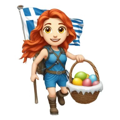 Greek Female winter mountaineer red hair white skin climbing with Greek Flag and Easter eggs basket sticker