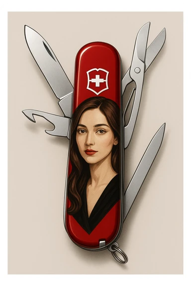 an elegant design of a swiss army knife featuring a portrait of a brunette woman with light brown eyes sticker