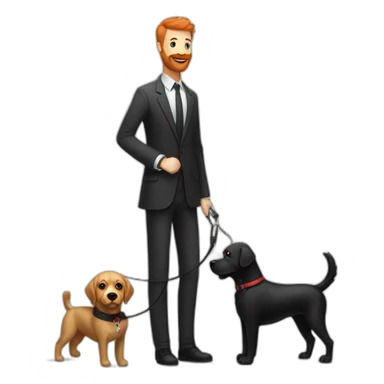 a handsome, slender man in a  sporting a red beard, standing next to a black Labrador dog, holding it on a leash sticker