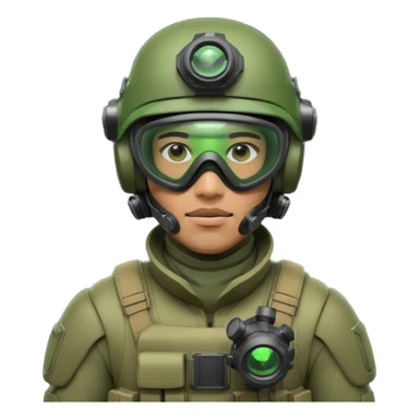 male futuristic soldier in green high-tech gear, helmet, mask, and night vision goggles, cool and brutal sticker