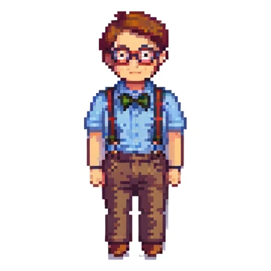 pixel art icon of a nerd with round glasses and suspenders sticker