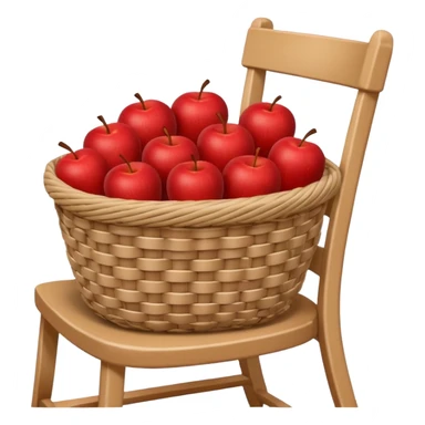 woven basket with apples and cloth on a white wooden chair, brown sticker