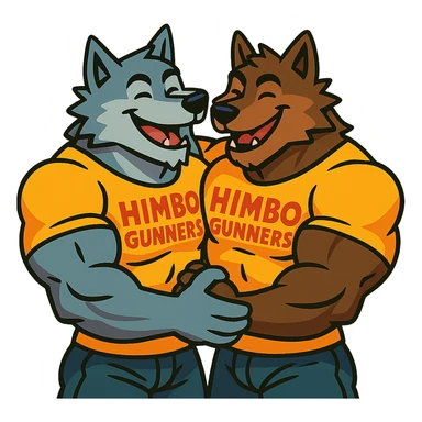 keep only the two hyper-muscular wolf furries in 'Himbo gunners' t-shirts hugging sticker