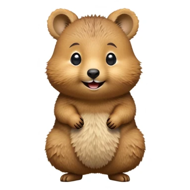 cinematic-quokka-realistic-emoji,-small-round-frame-balanced-on-tiny-strong-hind-legs, head tilted in an endearing manner, comical smil, giant-fluffy-cheeks-large-smile-fluffy-brown-fur-radiating-a-warm-softness,-big-round-eyes-filled-with-joy, realistic emoji zoomed in sticker