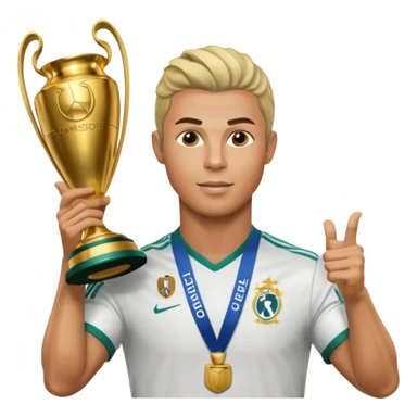 Cristiano Ronaldo holfing the champions league with noodle hair a bit longer noodle hair with a bit of blonde highlights and tge hair xoming down a bit just a bit of blonde not completely sticker