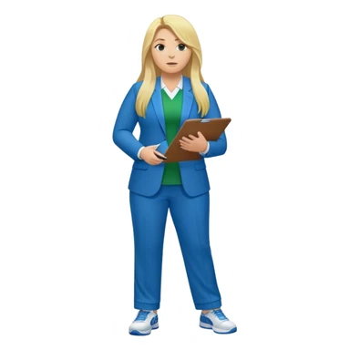 Full Body white plus size female basketball head coach using a clipboard with long blonde hair in a blue and green suit sticker