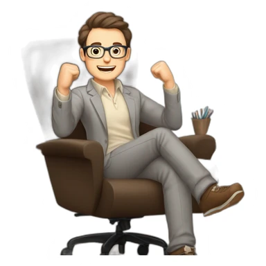 Joyful Celebrating victory Hands up Pale skinned Fit Man With dark brown hair in gray jacket, beige office shirt, Brown pants and vintage glasses sitting In a soft chair sticker
