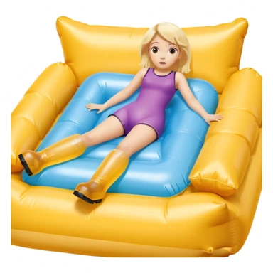 chica rubia con cara de miedo con unas botas de presoterapia gigantes inflables tirada en una cama amarilla sticker