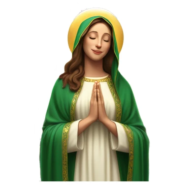 Virgin Mary: kind face looking down at the left, long brown hair, Wearing an emerald green  robe with gold stars and a burgundy red dress,  Hands in prayer or blessing. Halo around her head. standing in front of a big sun. colorful roses on the sides  sticker