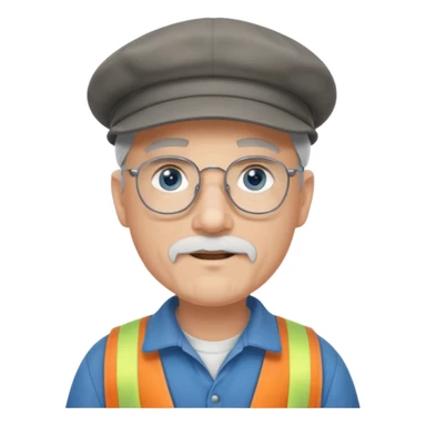 Older cute white male, grey Irish flat cap, handyman, blue eyes wire rim glasses, goatee sticker