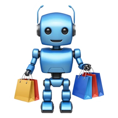 black friday robot with blue and metalic colours with bags in his hands smiling sticker
