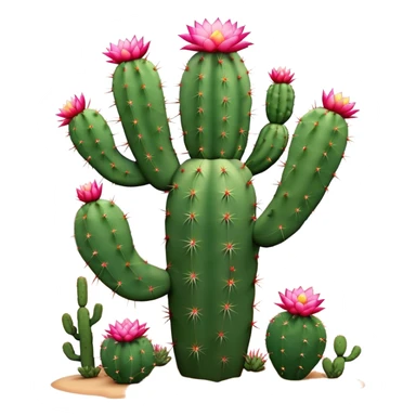 Cinematic Realistic Cactus Emoji, Tall and spiny, with thick, rounded stems covered in sharp spines. Bright flowers bloom at the tips of some branches, adding a pop of color against the desert backdrop. Soft glowing outline, capturing the essence of strength, survival, and desert beauty in a striking cactus! sticker