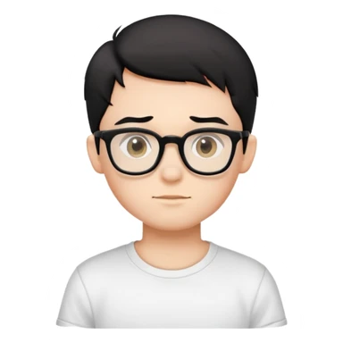 A boy with black-framed glasses, short black hair, and a white T-shirt sticker