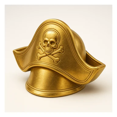 gold pirate helmet, classic pirate hat shape, metallic gold, in gold style sticker