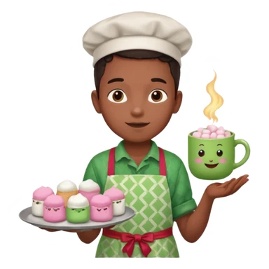 A young black vendor boy with pink cheeks, holding a tray of marshmallow-topped cocoa wearign green patterned apron sticker