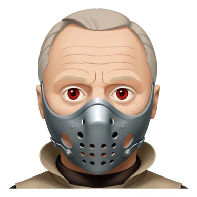 Icon for Hannibal Lecter (Anthony Hopkins): A chilling design with a close-up of Hannibal's face wearing the iconic muzzle mask. Dark, ominous background with sharp lighting to emphasize his intense gaze. A sinister, psychological thriller atmosphere. Transparent background. sticker