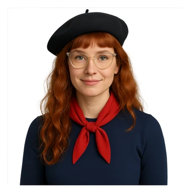 redhead woman, long wavy hair, bangs, cat-eye clear-framed glasses, blue eyes, French teacher, with a beret sticker