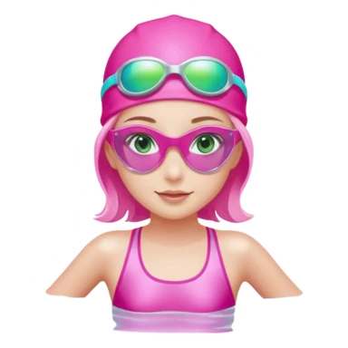 pretty girl with green eyes pink swim cap holographic swimming glasses and cute profesional swimmer pink swimsuit without her hair visible swimming sticker