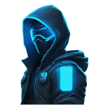 developer behind his laptop with this style : crysis Cyberpunk Riot Games Valorant neon glowing bright blue character blue black hooded assassin themed character sticker