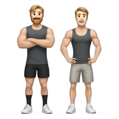 Full height Actively gesturing with hands Pale skinned Fit Man With the biceps and brown hair in dark gray Sleeveless Mike, black oversize sports shorts, watch and white Sneakers sticker