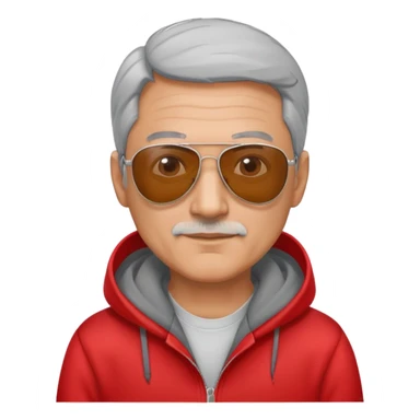 50-year-old man with some grey hair, aviator sunglasses, wearing a red hoodie sticker