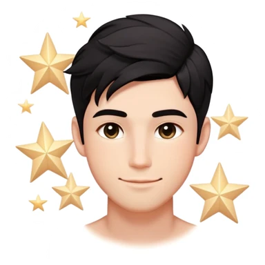 Male Design   Hair - Black textured crop cut with natural flow Face Shape - Oval contour with soft blush gradients Eyes - Left: Almond-shaped eye with sparkle highlights | Right: Glowing five-point star symbol (✨) Expression - Playful smirk with slight dimple sticker